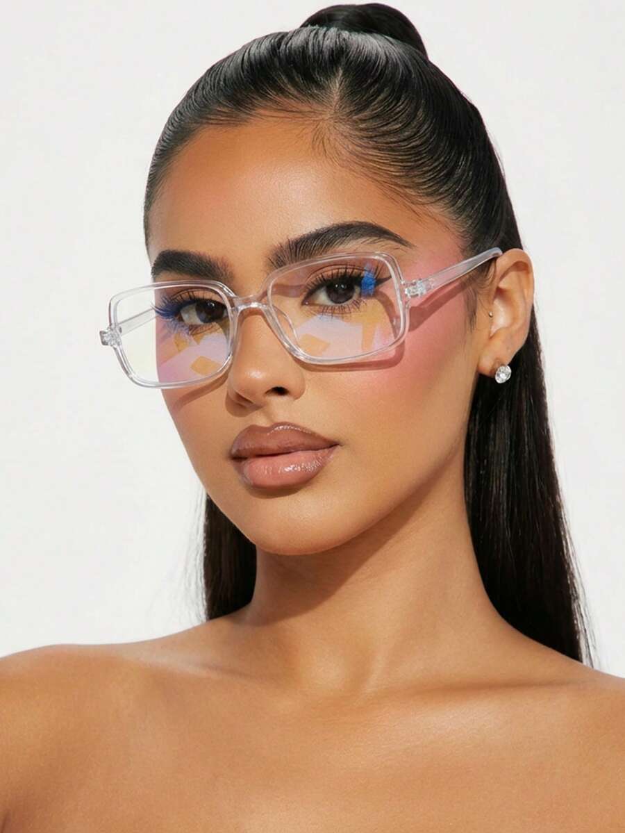 1 Pair Women's Transparent White Rectangular PC Frame Minimalist Solid Color Vintage Rivet Clear Lens Glasses - Clear - View 1
