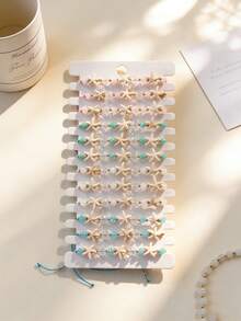 12pcs/Set New Fresh Ocean Style Starfish Beaded Adjustable Bracelet Set - Boho Pink And Blue Layered Bracelets With Transparent Crystal Beads, Matte Jade Beads And Resin Starfish Pendants, Drawstring Adjustable For Summer Beach Vacation, Music Festival, Pool Party, Casual Wear, Nickel-Free Gift - Multicolor - View 7