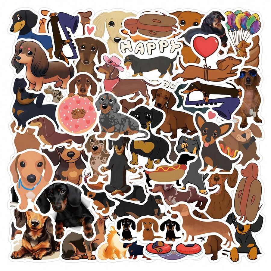 60pcs Sausage Dog Cartoon Graffiti Stickers, Cute Animal Stickers, Suitable For Water Bottles, Laptops, Phones, Skateboards, Guitars, Luggage, Scrapbooks, Helmets, Party Decorations And Gifts - Apricot - View 1