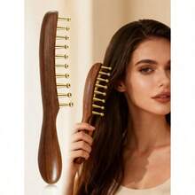 1pc Wide-Tooth Comb, Brass Material Long Handle Large Round Teeth Scalp Massage Brush, Suitable For Curly & Straight Hair Styling, Body Massage Tool - 紅木色 - 查看 1