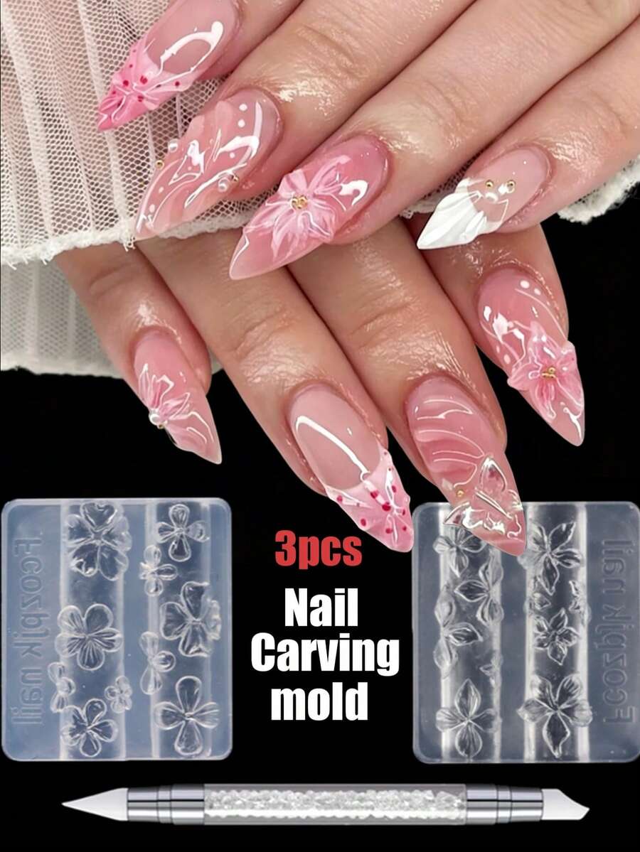 3pcs Silicone Nail Art Mold Set, Ice Flower/Plumeria Transparent Nail Molds DIY Nail Jewelry Accessories Tools - White - View 1