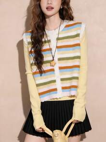 Alicedudu Women's Autumn Casual Cute Colorful Striped Ribbed Front Button Vacation Beach Knit Cardigan Vest - Multicolor - View 5