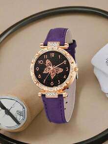 5pcs/Set Quartz Watch, Butterfly Pendant Necklace, Earrings, Bracelet Jewelry Set, Fashionable & Versatile - B - View 2