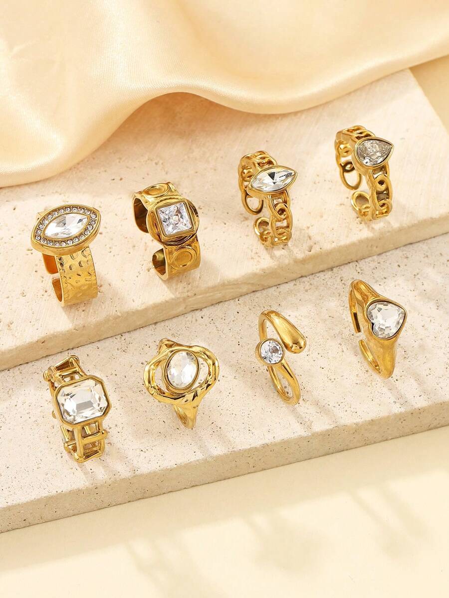 8件套不锈钢时尚奢华金色开口戒指套装，镶嵌白色锆石，适合女士日常佩戴或作为礼物 - 金黃色 - 查看 1