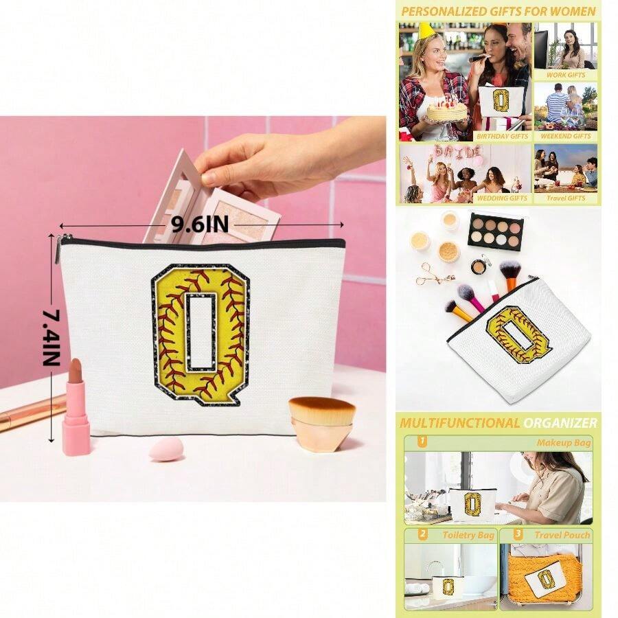 Softball Gifts Initial Makeup Bag Monogrammed Cosmetic Bag Letter Q Zipper Pouch Softball Accessories For Girls Women Player Coaches Friend Graduation Birthday Gifts - Softball Q + Softball - View 1