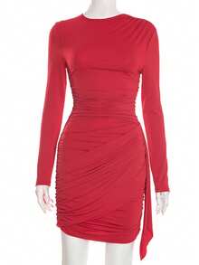 Đầm dự tiệc mini màu đỏ cổ điển gợi cảm, tay dài, cổ tròn, chất liệu vải dệt kim, kiểu dáng ôm sát với viền bèo nhún, đầm dự tiệc thanh lịch cho ngày Valentine mùa xuân. - Đỏ - Xem 11