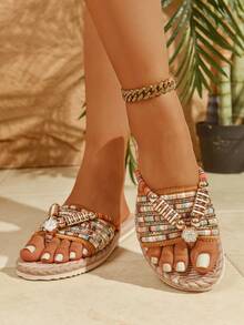 1 Đôi sandal đế bệt họa tiết hoa Paisley phong cách boho đính hạt kim loại, thời trang nghỉ dưỡng nhiệt đới, món quà mùa hè hoàn hảo - trái cam - Xem 3