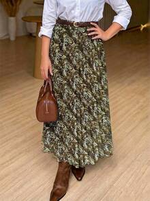 女士优雅佩斯利印花褶裥松紧腰半身裙，适合日常通勤，春夏穿着 - 花綠 - 查看 5