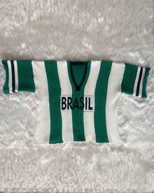 Camiseta Listrada Brasil Copa do Mundo Feminina Tricot Modal Canelado Decote V Manga Curta Verão - Verde/Branco - Visão 3