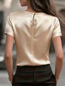 女士优雅圆领缎面短袖衬衫，适合春夏穿着 - 香檳色 - 查看 2