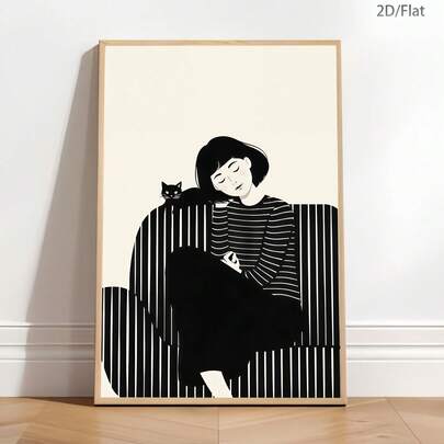 1pc Modern Minimalist Style Casual Cat And Female Canvas Art Print Posters, Modern Wall Arts Decoration Paintings, Minimalist Art Decoration, Suitable For Bedroom, Living Room, Office, Study, Bathroom, Kitchen, Corridor, Dormitory, Apartment Wall Decoration And Home Decoration, It Is An Ideal Gift For Friends
