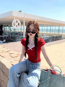 New Spring/Summer Skin-Friendly Modal Fitted T-Shirt With Contrast Bow Tie Detail, Flattering Red Top - Red - View 8