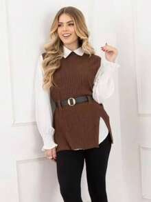 2-Piece Set: Long-Sleeved Dress Shirt + Ribbed Knit Vest With Side Slit And Belt - Khaki - View 1