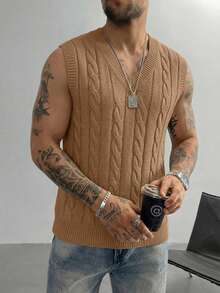 Men's V-Neck Knit Vest Solid Color Sweater, Casual Versatile Everyday Wear - Camel - View 2