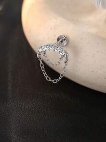 1Pc Dainty Edgy 925 Sterling Silver Chain Tassel Moissanite Pave Flat Back Threaded Cartilage Piercing Earring, Hypoallergenic Stud Jewelry Gift For Women Girls Daily Wear Party Wedding Season - Silver - View 4