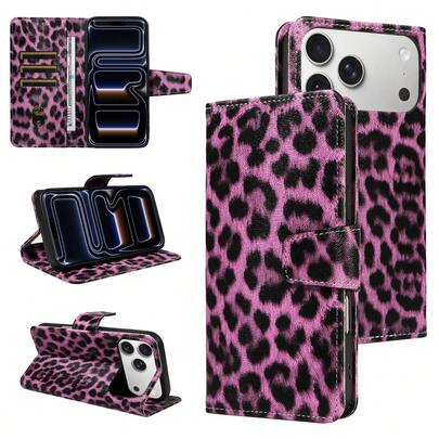 1个豹纹翻盖钱包式手机壳，带多个卡槽，适用于 17 Pro Max/17 Pro/AIR/17/16 Pro Max/15/14/13/12/11