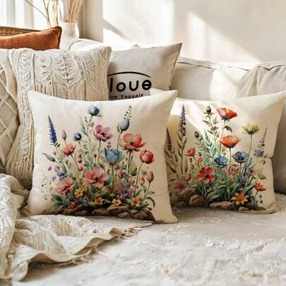 2件装水彩野花枕套，花卉节日靠垫套，农舍风格，春夏装饰，适用于沙发、扶手椅、露台、门廊，单面设计，不含枕芯