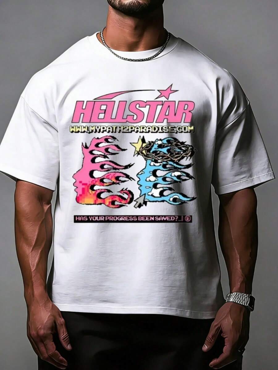 Hellstars Pixel Flame Head Progress Saved Y2K Graphic T-Shirt,220g 100% Cotton,Round Neck Short Sleeve,White Streetwear Essential For Summer Going Out,Unisex Style - trắng - Xem 1