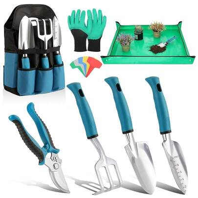 Juego de herramientas de jardinería, 8 piezas de herramientas de jardín resistentes con agarre de goma antideslizante con bolsa de jardín grande para herramientas de mano de aleación de aluminio, regalos de jardinería para mujeres y hombres, azul + negro