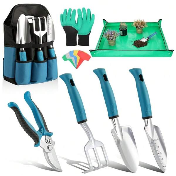 Gardening Tools Set, 8PCS Heavy Duty Garden Tools With Non-Slip Rubber Grip With Large Garden Bag For Aluminum Alloy Hand Tools For Gardening,Gardening Gifts For Women And Men, Blue+Black