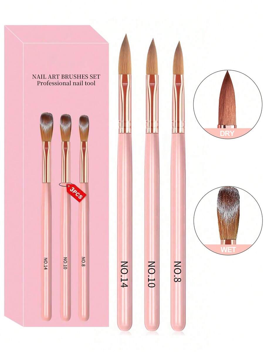 3Pcs Acrylic Nail Brush Set #8/10/14 Professional Acrylic Powder Extension Nail Brushes Nail Art 3D Carving Manicure Salon Tools - Multicolor - View 1