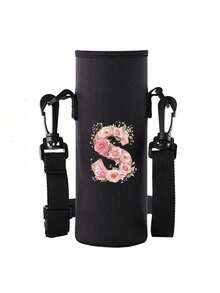 字母印花保温水瓶/水杯套，粉色玫瑰字母 A-Z 图案，可调节肩带 - 防滑套，适用于 1500ml 水瓶，适合健身、旅行，保温氯丁橡胶材质，适用于不锈钢、玻璃和塑料水瓶。 - 彩色 - 查看 12