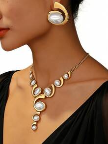 两件套女士首饰套装，不对称螺旋渐变白色椭圆形亚克力珍珠Y形项链和耳环，经典优雅百搭，适合日常、假日、派对佩戴 - 金黃色+白色 - 查看 14