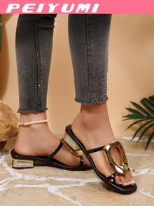 PEIYUMI New Women's Square Buckle Gold Fashionable Elegant Minimalist Sandals, Versatile For Beach, Home, Boho Style - Black - View 4