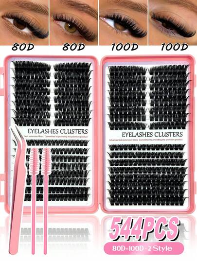  Asiteo 544Pcs D-Curl 80D/100D 2 Style Mixed(Universal Style And Cat Eye Style) DIY Eyelash Extension Kit With Brushes And Tweezers, Cat Eye Winged Lashes, Natural Volume, Individual Cluster Lashes Create A Luxurious Look Makeup, Eye End Elongated, Wispy Dramatic Faux Mink Eyelashes. Suitable For Travel, Daily Wear For Beginners, Weddings, Dates, Parties, Festivals