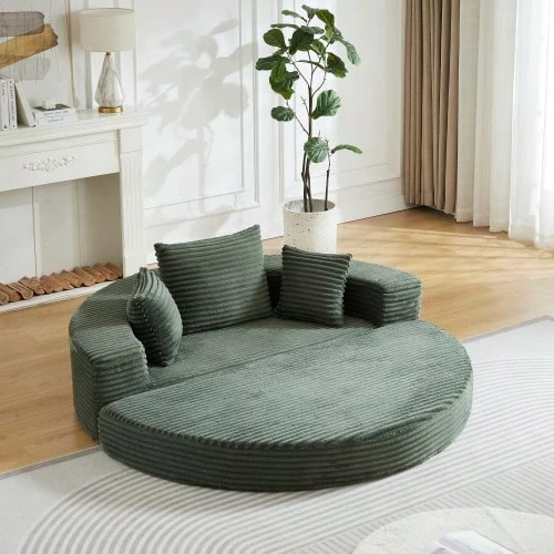A Versatile Two-In-One Sofa Bed, Ideal For Small Spaces, That Can Be Used As Both A Semi-Circular Sofa And A Round Chaise Longue. The Armrests Feature Fabric Pockets. - Dark Green - View 1