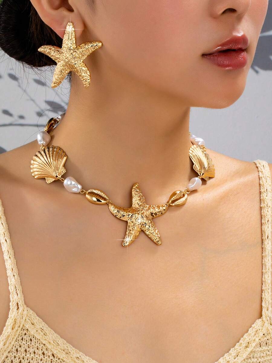 Set Kalung & Anting Liontin Bintang Laut, Mutiara, Kerang, dan Kepiting Gaya Laut 3pcs/Set, Cocok untuk Pakaian Sehari-hari & Liburan Wanita - Yellow Gold - View 1