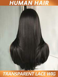 直发真人发假发，层次剪裁，4*4蕾丝闭合，透明蕾丝，自然黑，女士款，180%密度 - Natural Black - 查看 5