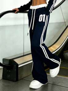 海军蓝撞色腰部阔腿裤，侧边条纹和数字印花设计，修身显瘦，休闲美式复古风！春季必备 - 寶藍色 - 查看 9