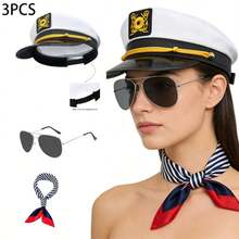 Conjunto de gorra de capitán y gorra de marinero estilo náutico para parejas, accesorios de fiesta estilo marinero - Gorra de capitán, gorra de marinero, bufanda a rayas, corbata, ajustable en la parte trasera - Multicolor - Ver 10