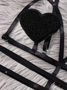 新款性感纯色镂空爱心女士内衣套装，可调节文胸、吊袜带和丁字裤，适合派对穿着 - 黑色 - 查看 5