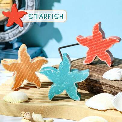 3pcs Layered Tray Decor Set, Mini Summer Beach Ocean Themed Wooden Signs, Farmhouse Coastal Nautical Nursery Shower Home Office Desk Shelf Decor (Starfish)