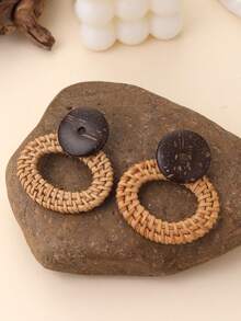 1 Pair Handmade Woven Rattan Hollow Elliptical & Natural Coconut Shell Round Exaggerated Earrings, Fashionable Island Vacation Style, Suitable For Vacation, Party And Gift - Khaki - View 5