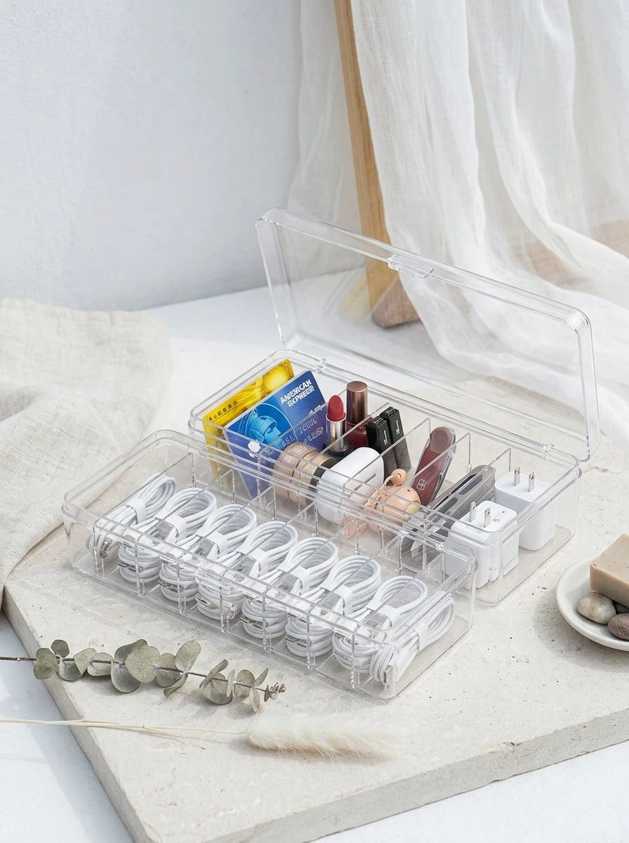 1pc Desktop Cable Management Organizer Box, Compartmentalized Charging Cable, Earphone, Makeup, Stationery, Phone, Toy Storage Box, Detachable Lipstick & Jewelry Box - White - View 1