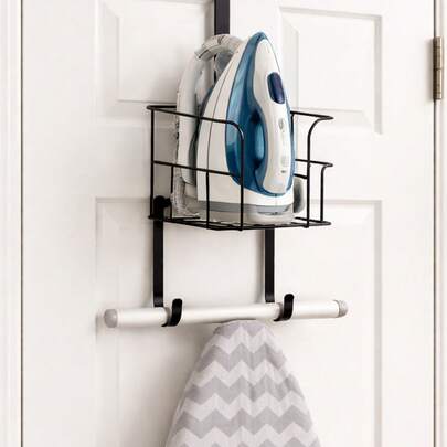Over-The-Door & Wall-Mount Ironing Board Holder – Laundry Room Iron & Board Hanger Organiser With Basket Storage, Fits T-Leg & V-Leg Boards, Space-Saving Rack For Door Or Wall