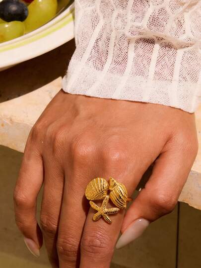 1Pc Boho Beach Vacation Style Starfish & Shell & Conch Open Rings For Women Girls, 18K Gold Plated Stainless Steel Ring, Open Adjustable Finger Ring, Perfect For Summer Daily Wear, Music Festivals & Holiday Gifts, Ocean Themed Jewelry
