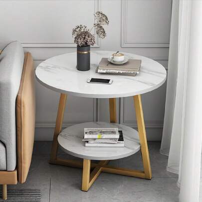Mesa auxiliar de sofá de doble capa, Mesa De Centro Redonda, Pequeña Mesa De Centro De Madera De Dos Niveles con Patas De Metal, Mueble Moderno con Armario De Almacenamiento para Sala De Estar