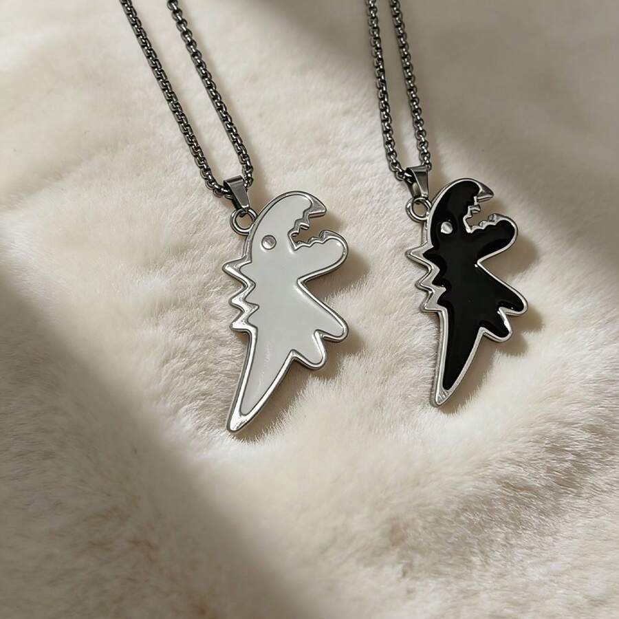 Dây chuyền hình cặp khủng long phong cách Hip-Hop, mặt dây chuyền hoạt hình đen trắng dễ thương, dây dài đa năng phù hợp với áo len cho học sinh. - Khủng long - Xem 1