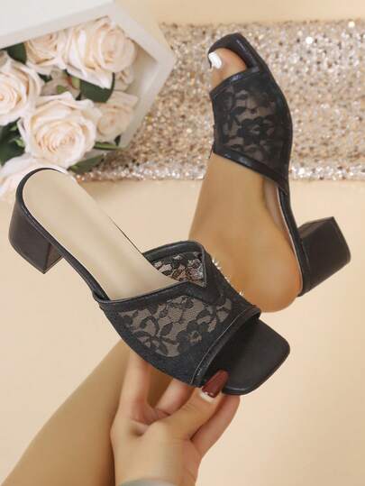 欧美新款黑色蕾丝亮片方头粗跟凉鞋，女士户外中跟穆勒鞋，舒适露趾高跟鞋，适合通勤和约会，夏季