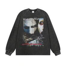 Nueva y popular camiseta vintage de manga corta de Marilyn Manson para hombre y mujer, estilo retro americano con efecto desgastado, camiseta de algodón puro para  internacional. - Camisa negra de manga corta (cuello pequeño) - Ver 6