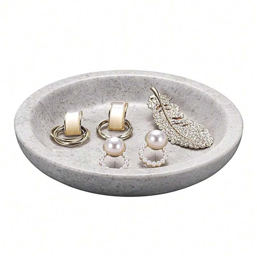 Tray Natural TraVe..Rtine Trinket Dish Entry Table Nightstand Organizer Bowl Decorative Round Ring Holder For Necklace Earrings Candles Key Plate Home Decor - Gray - 查看 1