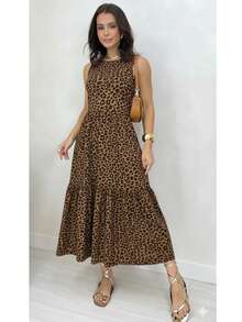 Long Dress In 100% Cotton Viscose/Lycra Knit, Tank Top, Round Neck, Three Tiers, Ruffle Detail, Blogger Style. - Golden Glow - Xem 1