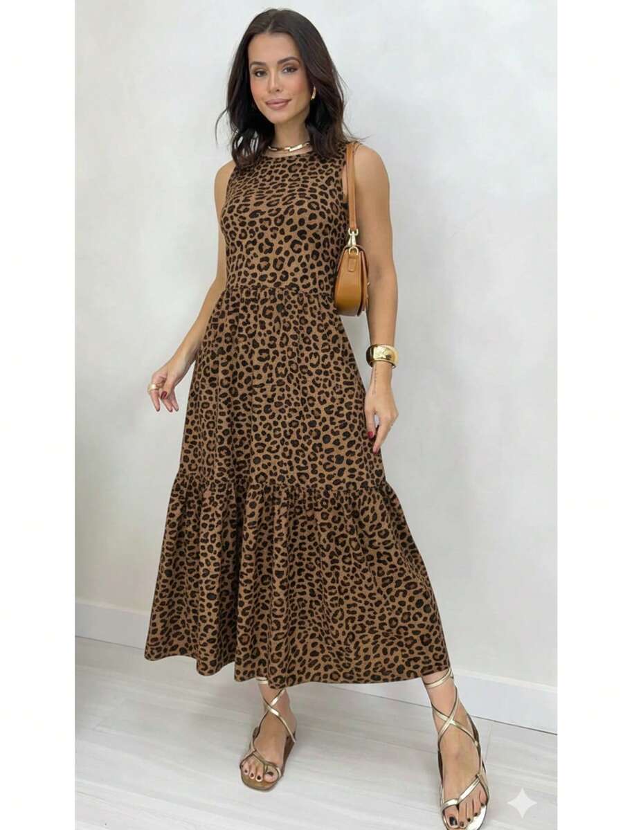 Long Dress In 100% Cotton Viscose/Lycra Knit, Tank Top, Round Neck, Three Tiers, Ruffle Detail, Blogger Style. - Golden Glow - Xem 1