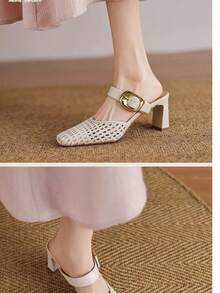 2026 New Woven Leather Closed Toe High Heel Sandals, Women Summer Slip-On Mules - Beige - View 7