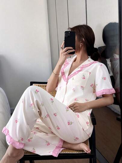 Dreamivo 两件套女士睡衣套装，粉色碎花荷叶边短袖上衣和长裤睡衣套装，翻领舒适柔软短袖纽扣衬衫和松紧腰长裤，休闲家居服