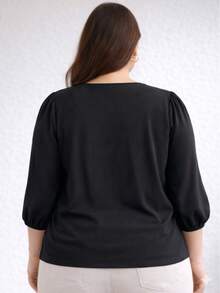 Women's 3/4 Sleeve Blouse In Duna Crepe, Elegant, Workwear, Plus Size (GG, G1, G2, G3), Evangelical Fashion - Black - màu đen - Xem 6